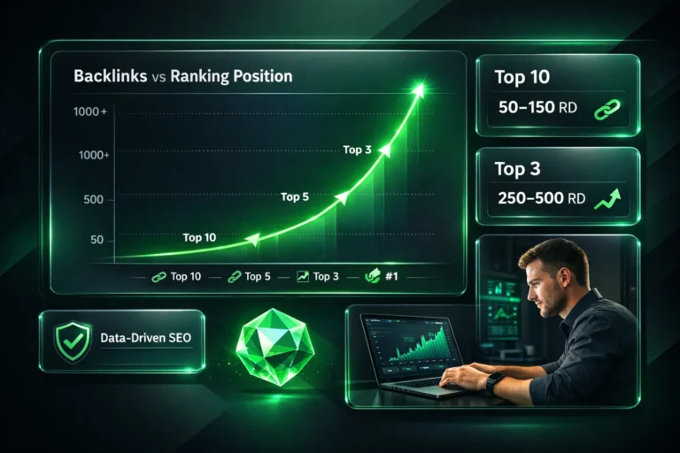Backlink benchmarks by competition for Top 10, Top 5, Top 3, and #1 rankings.