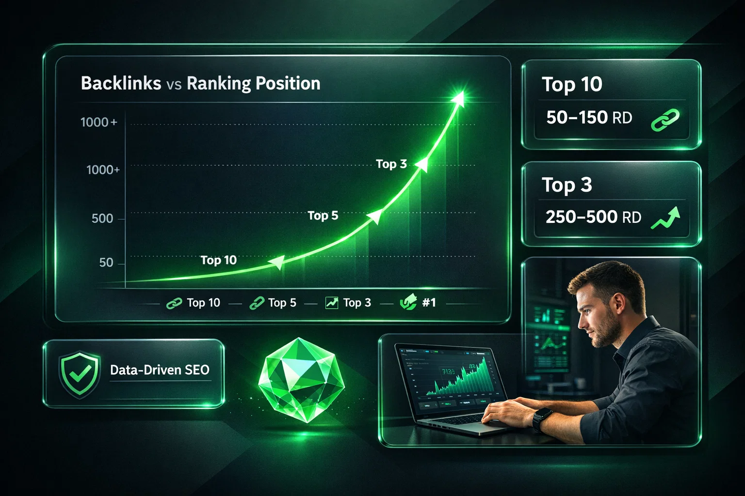 Backlink benchmarks by competition for Top 10, Top 5, Top 3, and #1 rankings.