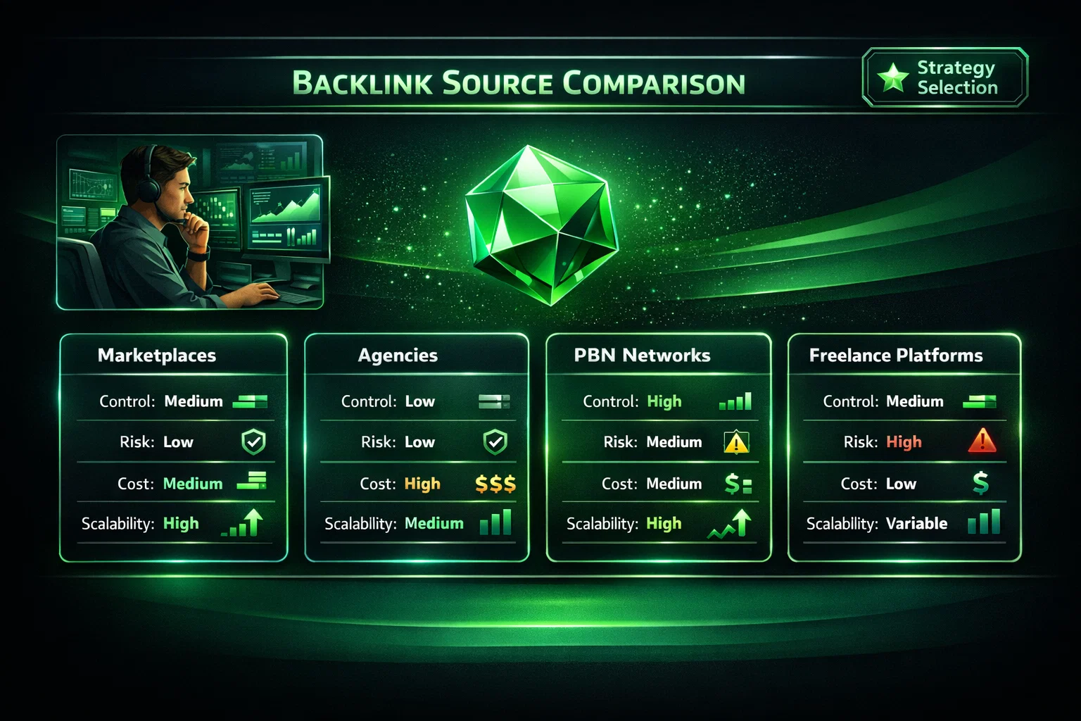 Backlink sources comparison with PBN medium risk and high control overview.