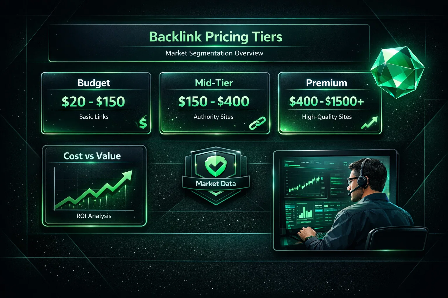 Backlink pricing tiers from budget to premium with SEO cost breakdown.
