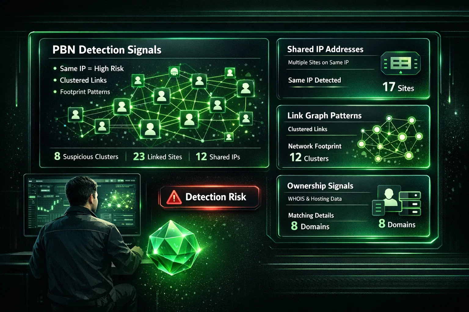 PBN detection signals showing shared IPs, link patterns, and ownership footprints PBN detection signals showing shared IPs, link patterns, and ownership footprints