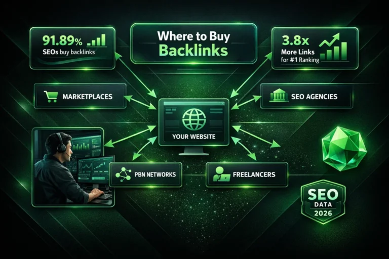 Backlink ecosystem showing marketplaces, agencies, and PBN link sources.