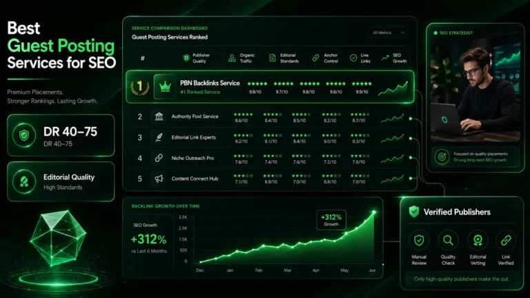 Guest posting services dashboard with SEO metrics, publisher quality, and link growth.