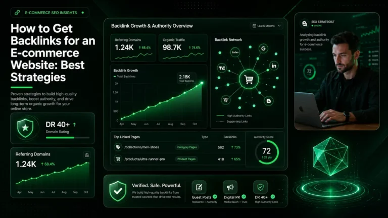 E-commerce SEO dashboard showing backlink growth, product page authority, and traffic.