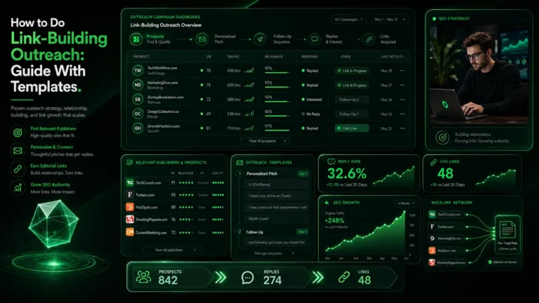 Link-building outreach dashboard with prospects, email templates, and SEO links.