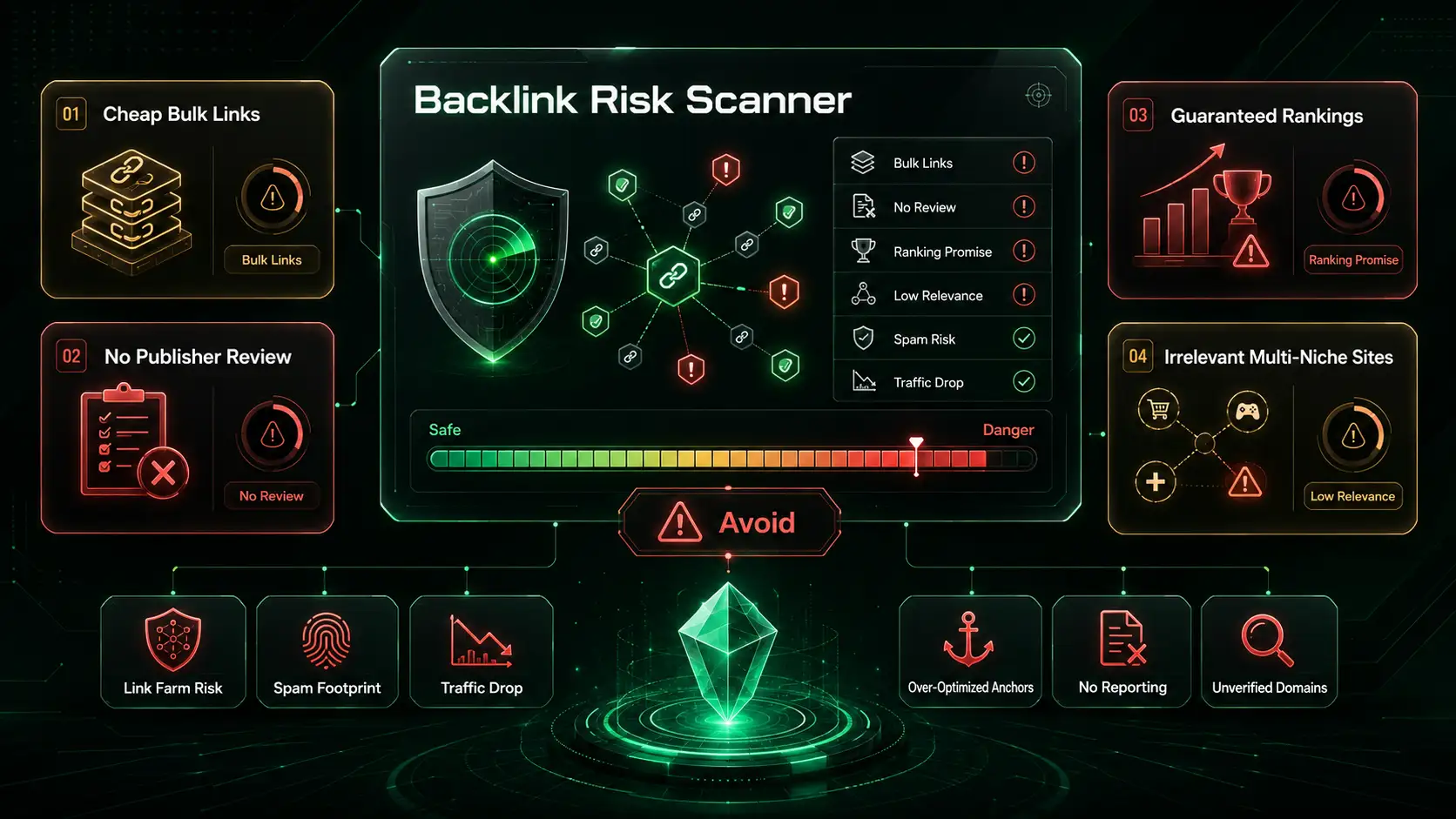 Backlink buying red flags dashboard with bulk links, low relevance, and ranking risks 