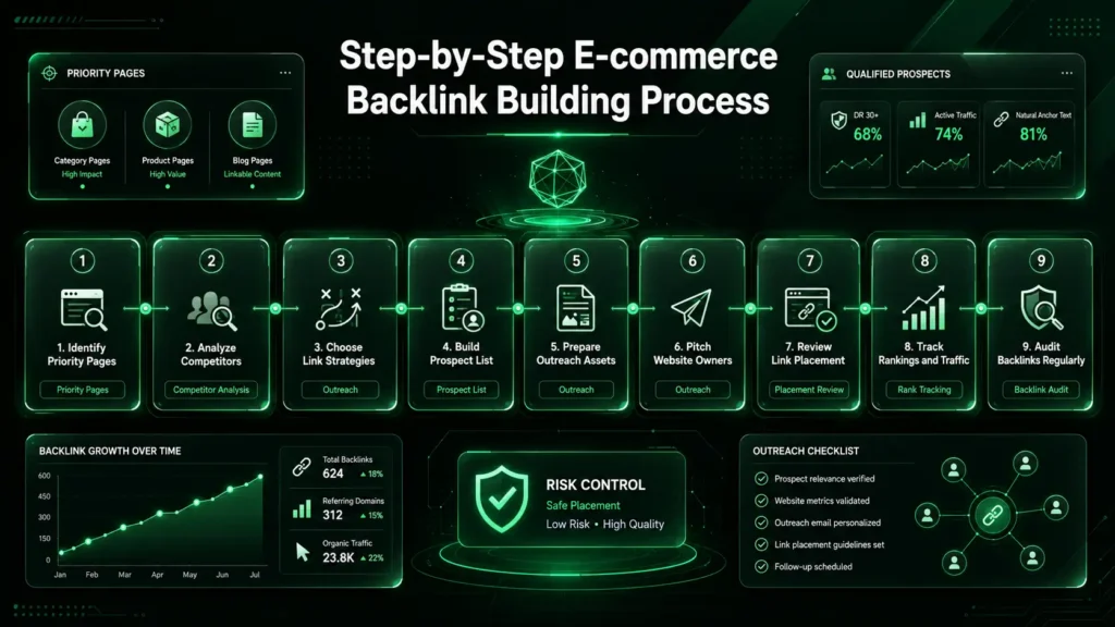 Step-by-step e-commerce backlink building workflow for products and category pages. Step-by-step e-commerce backlink building workflow for products and category pages.