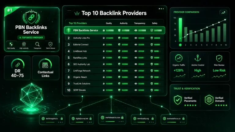 Backlink provider comparison dashboard with SEO metrics and service rankings.