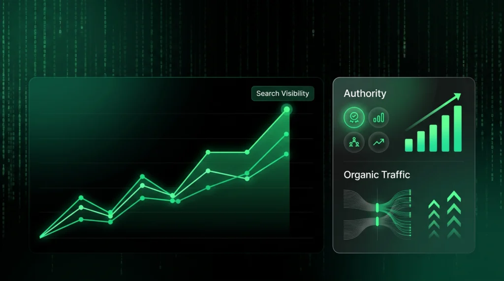 Dark analytics dashboard showing affiliate visibility, authority, and organic traffic growth.