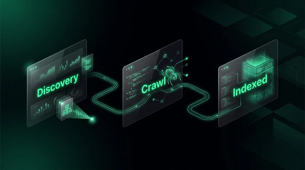 Futuristic pipeline showing discovery, crawling, and indexation of PBN backlinks.