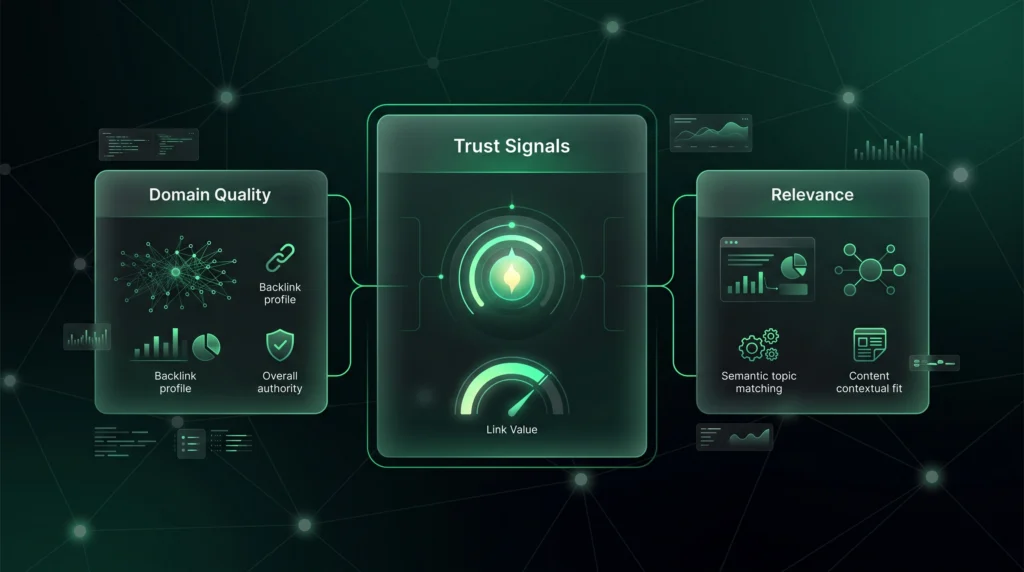 Signal evaluation dashboard for PBN link indexing, relevance, trust, and value.