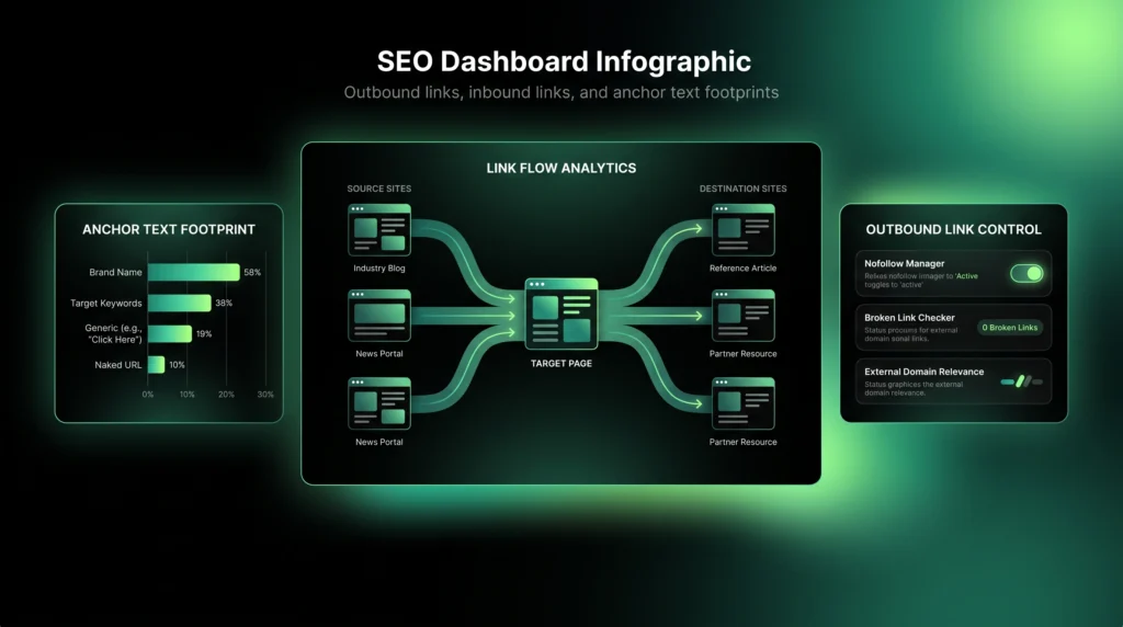Backlink flow dashboard with anchor distribution and outbound link control cards.