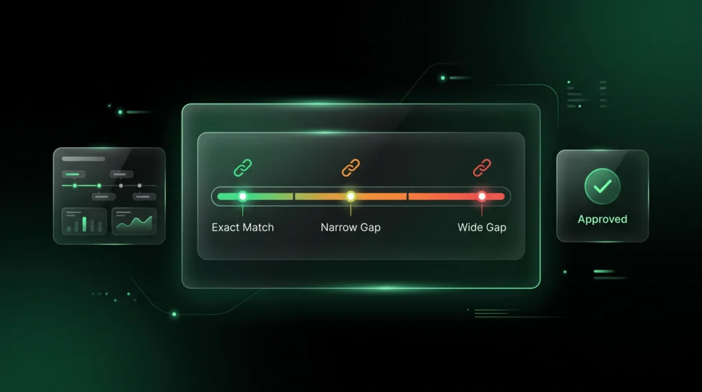 Niche gap evaluation dashboard showing exact, narrow, and wide topical distance.