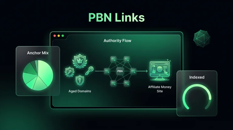Dark SaaS dashboard showing PBN authority flow, anchor mix, and indexed link status for affiliate SEO.