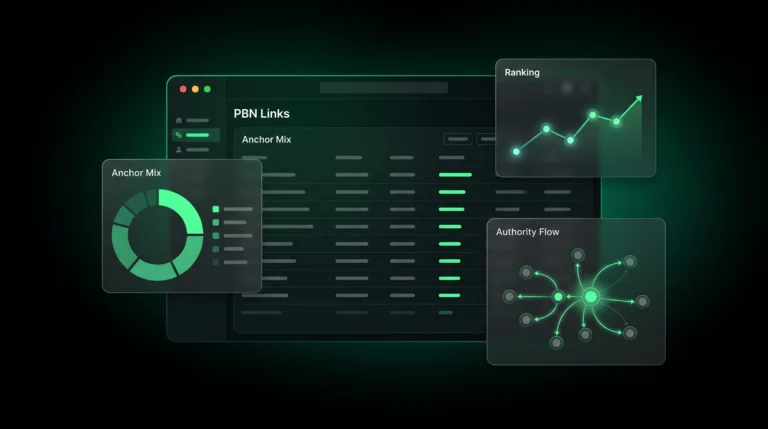 Futuristic dashboard showing PBN links, anchor mix, rankings, and authority flow.
