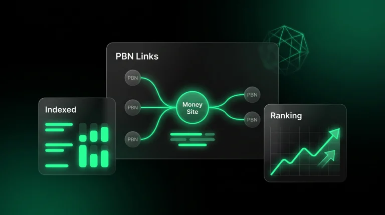 Dark SaaS dashboard showing PBN links, indexed pages, and money site ranking flow.