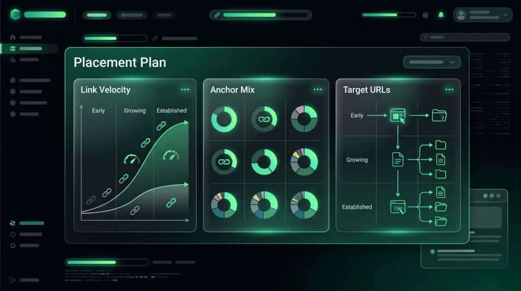 PBN strategy dashboard showing link velocity, anchor mix, and target URLs.