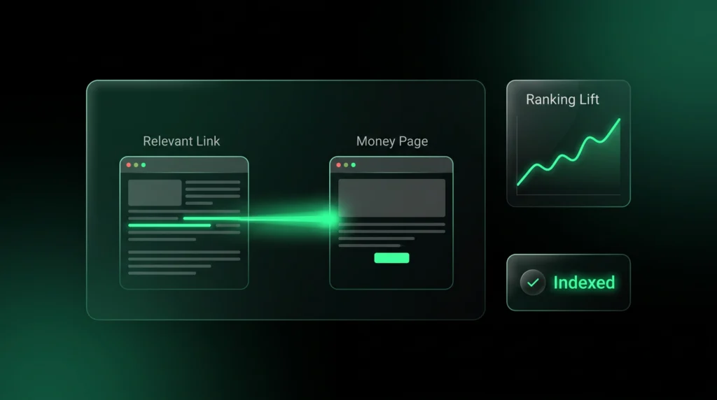 Contextual PBN link placement connected to a money page and ranking movement chart.