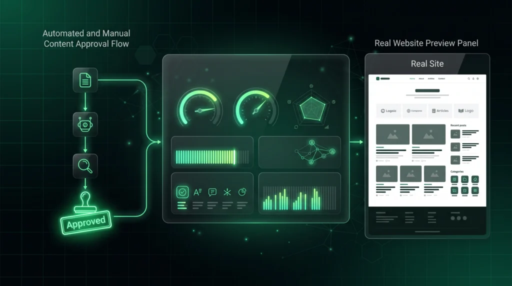 PBN content quality dashboard with real site signals and editorial approval flow.