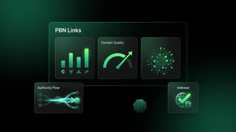Dark SaaS dashboard showing PBN link quality, domain metrics, and authority flow.