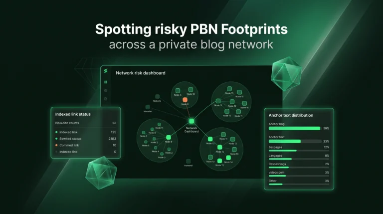 Dark SaaS dashboard showing PBN footprint clusters, index status, and anchor distribution.