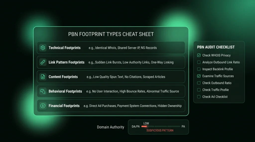 Dark dashboard grouping technical, content, link, behavior, and financial PBN footprint types.

