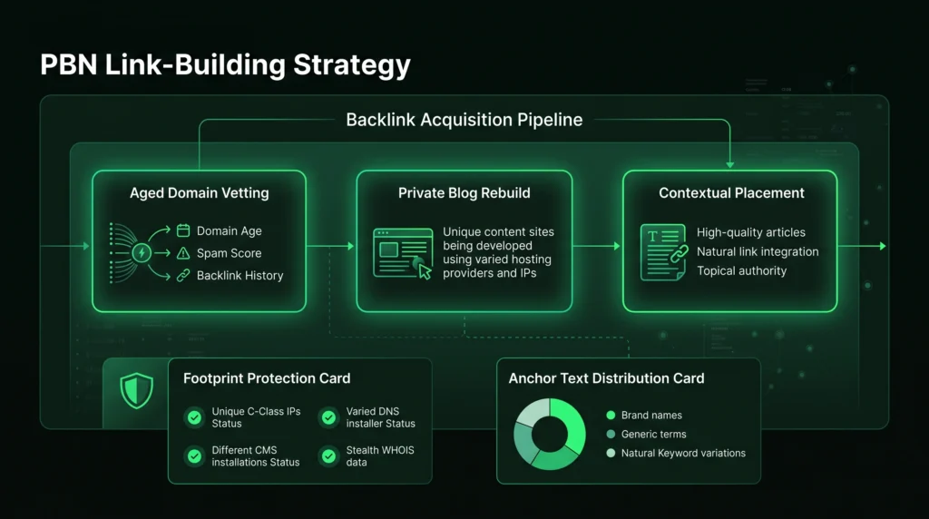 PBN pipeline showing aged domain vetting, site rebuild, and contextual placement.