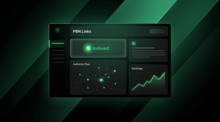 Dark SEO dashboard showing indexed PBN links, authority flow, and ranking movement.