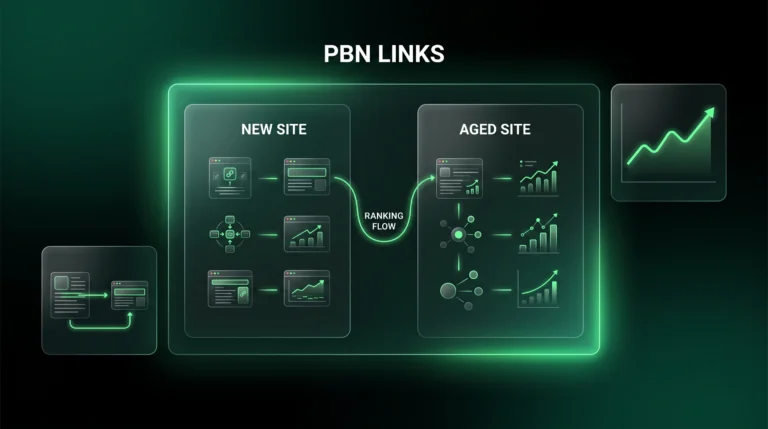 Dark SaaS dashboard comparing PBN strategy for new and aged websites.