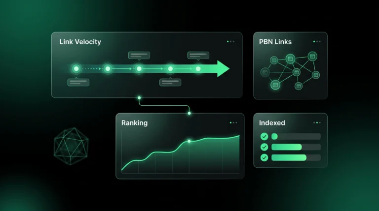 Dark SEO dashboard showing PBN link velocity, ranking growth, and indexed backlink signals.