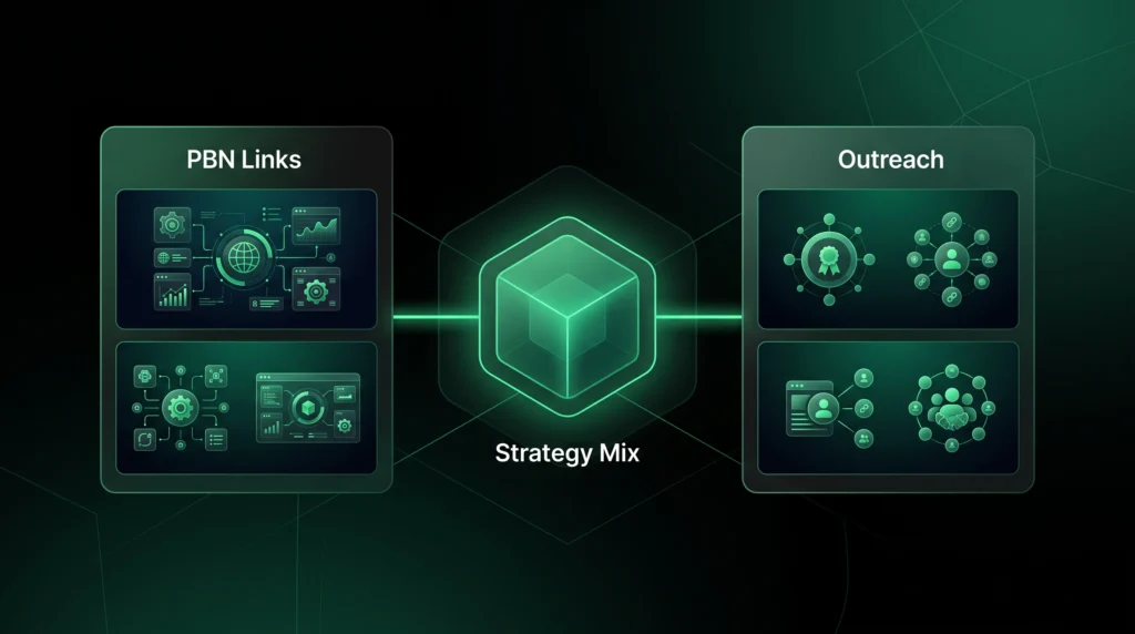 Neutral dark comparison of PBN links, outreach, and mixed link-building strategy.