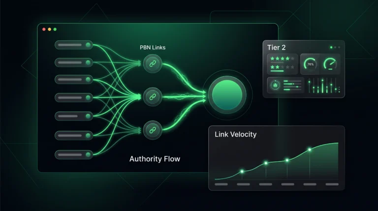 Dark SaaS dashboard showing PBN links supporting tier two authority flow.