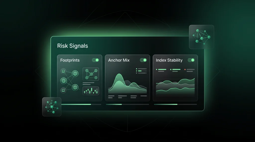 Risk dashboard showing footprint, anchor, and index signals for PBN tier two links.