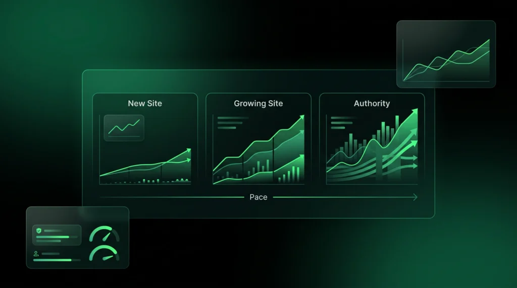 Stage-based SEO dashboard showing different PBN link velocity benchmarks.