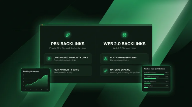 Dark SEO dashboard comparing PBN links and Web 2.0 links for ranking growth.