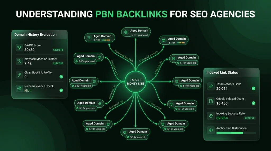 Private blog network map showing aged domains linking to a money site.