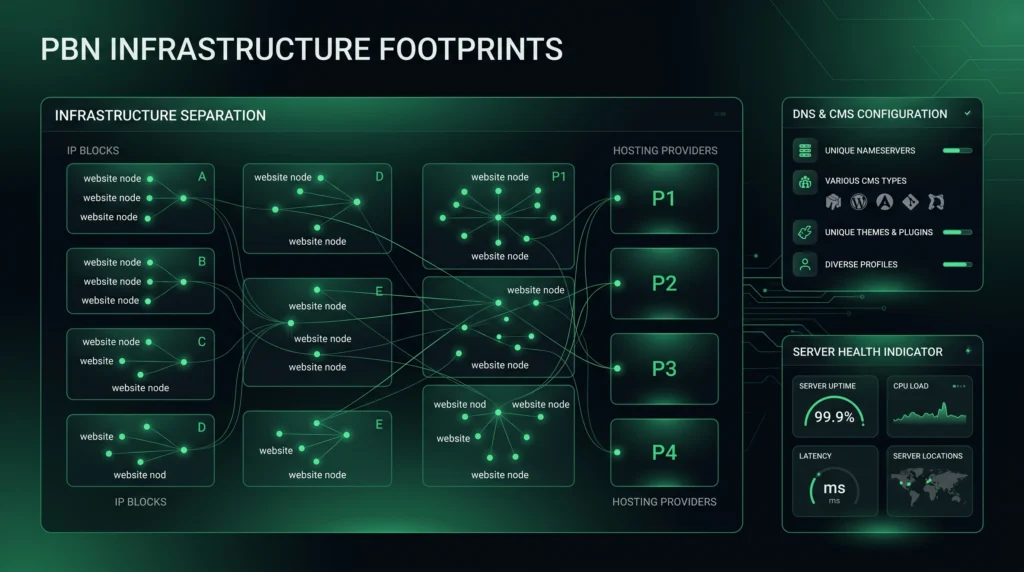 Dark infrastructure dashboard showing separate IP blocks, hosting, DNS, and CMS signals.