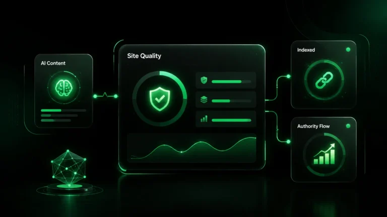 AI content quality dashboard connected to indexation and authority indicators for a PBN website.