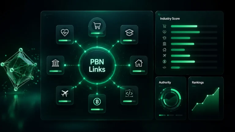 Futuristic dashboard comparing how different industries respond to authority-building campaigns.