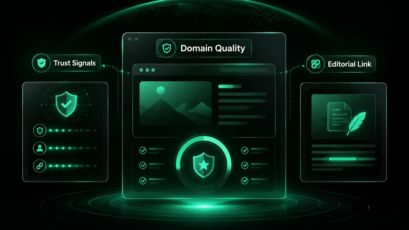 Futuristic SEO dashboard showing domain quality and editorial link evaluation.