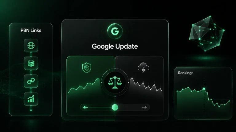 Dark dashboard showing PBN link strategy decisions during a Google update with ranking trends.