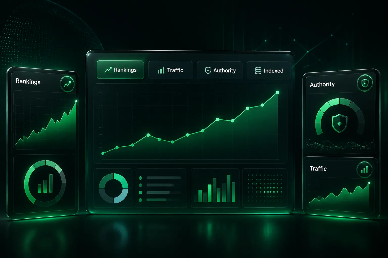 SEO dashboard tracking rankings, indexing, authority, and traffic after backlink placement.