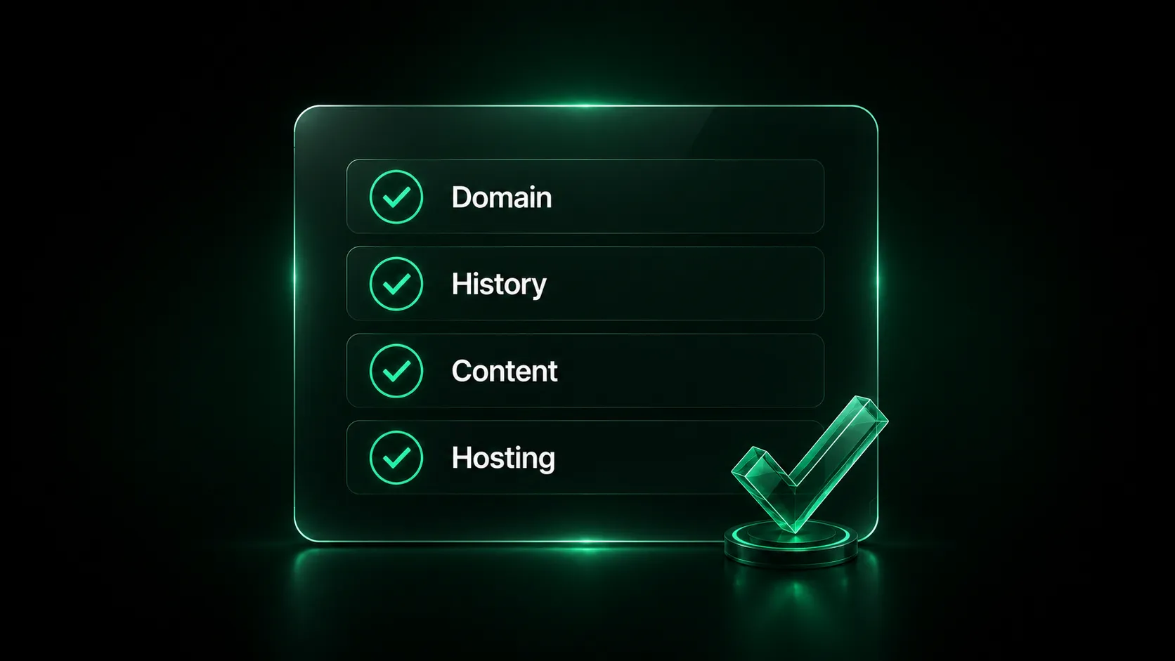 Quality assessment panel showing domain, history, content, and hosting factors.