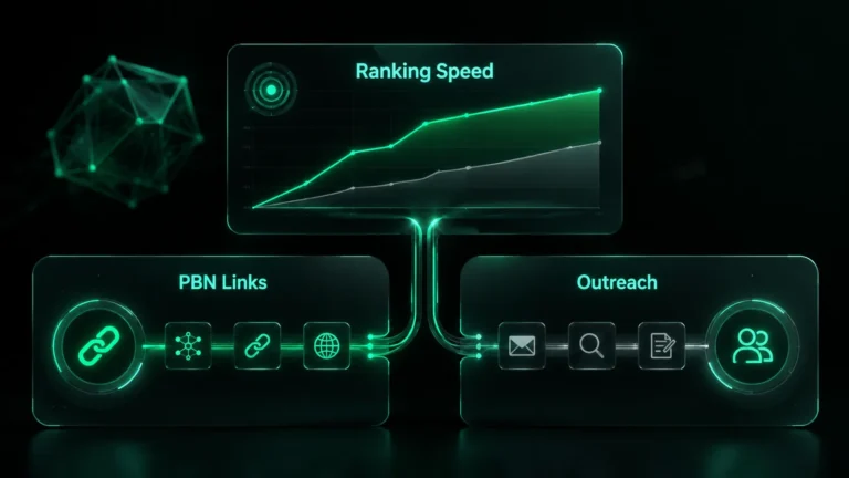 Comparison dashboard showing PBN links and outreach workflows with ranking speed visualization.