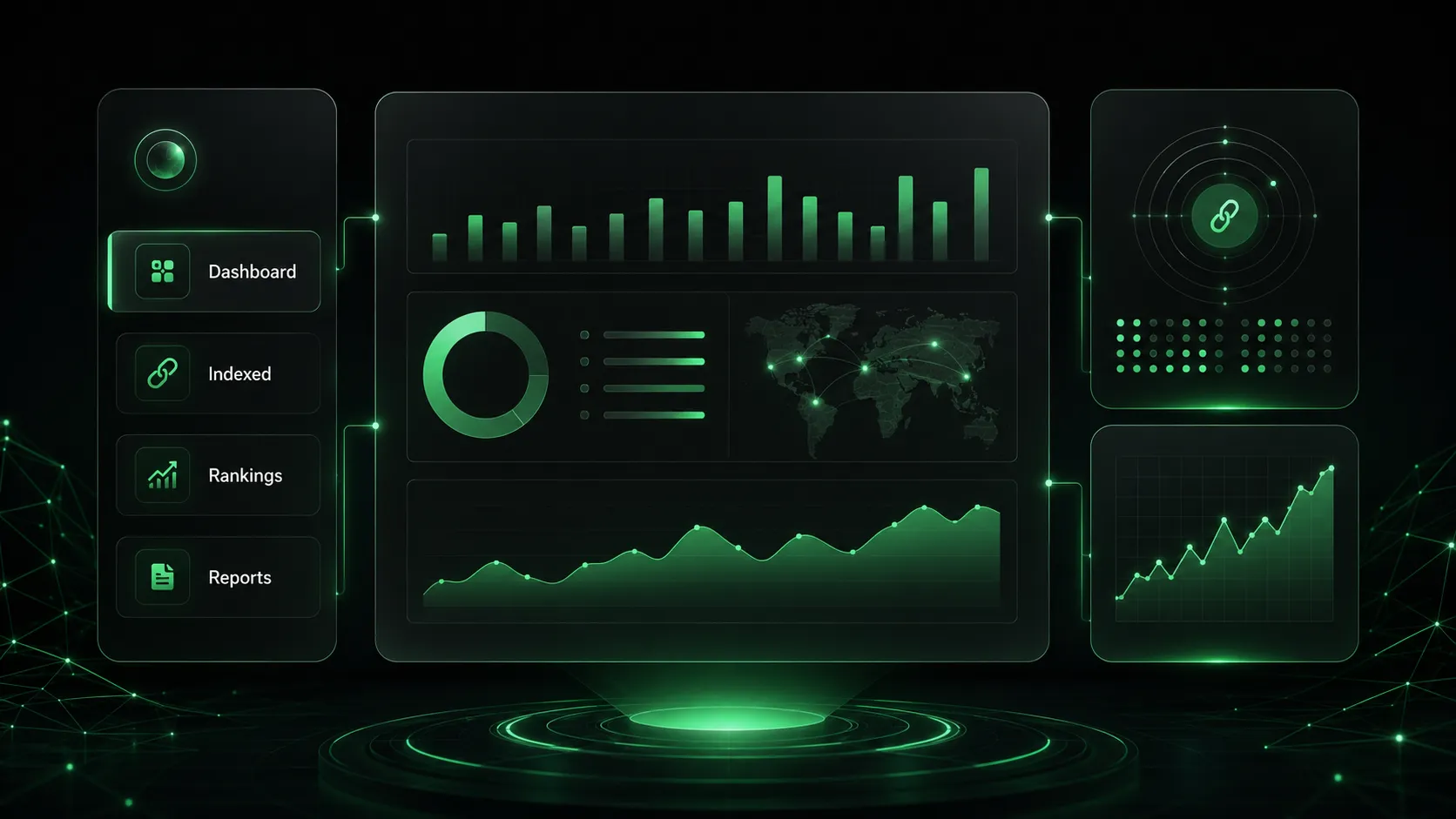 Modern dashboard visualizing SEO tools for backlink monitoring and ranking analysis.