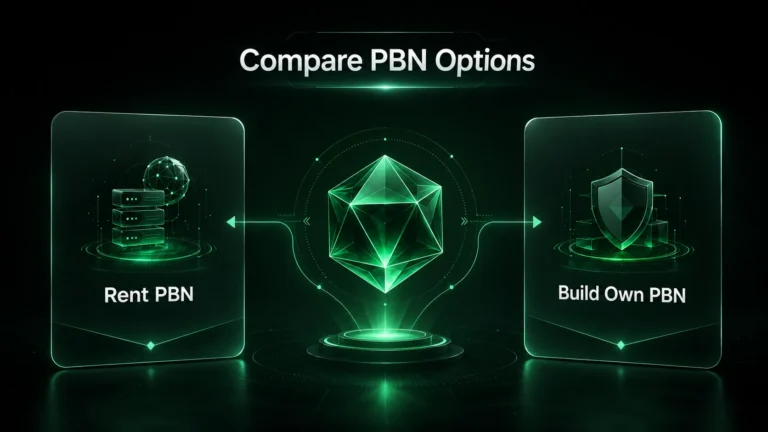 Rent or build private blog network comparison dashboard with neon emerald geometric object.