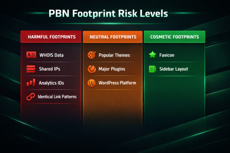 Infographic showing PBN footprint risk classification: harmful, neutral, and cosmetic signals