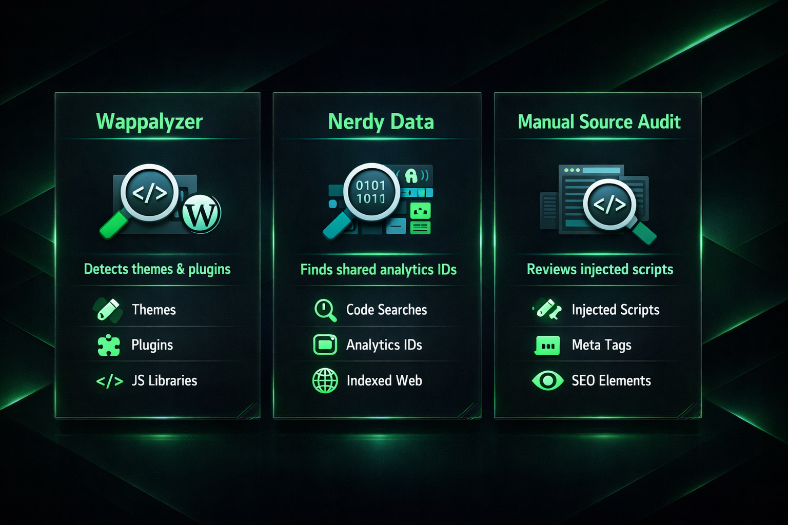 Comparison of three PBN footprint audit tools: Wappalyzer, Nerdy Data, and manual source code review