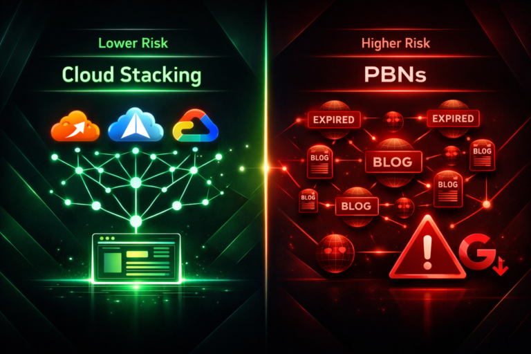 Cloud stacking SEO versus private blog networks side-by-side comparison illustration