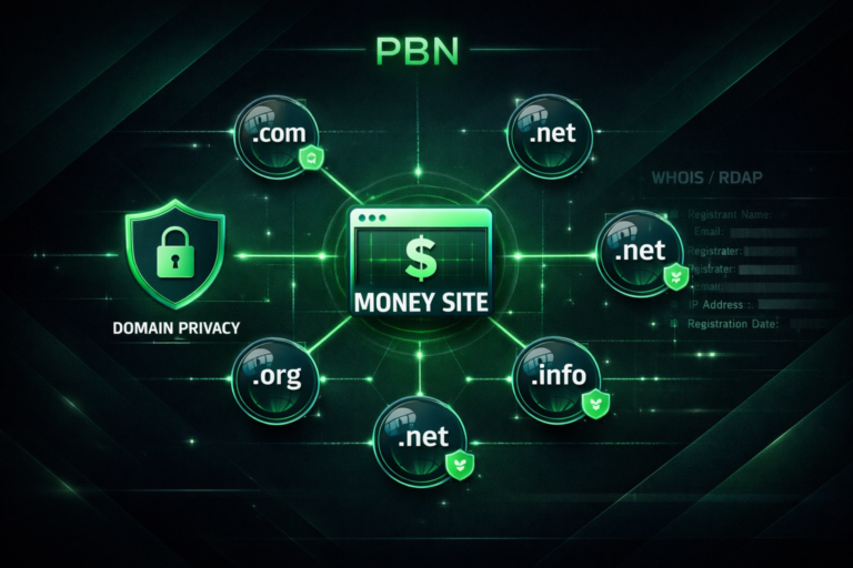 Infographic showing domain privacy protection applied to a private blog network structure